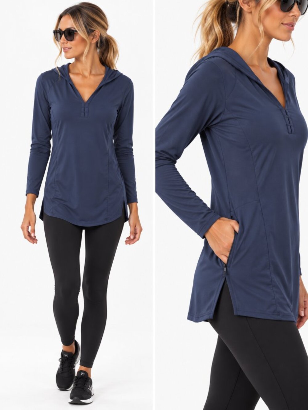 COLUMBIA Chill River Hooded Zip Front Pocket Tunic Navy Omni-Freeze UPF 50 Sz M